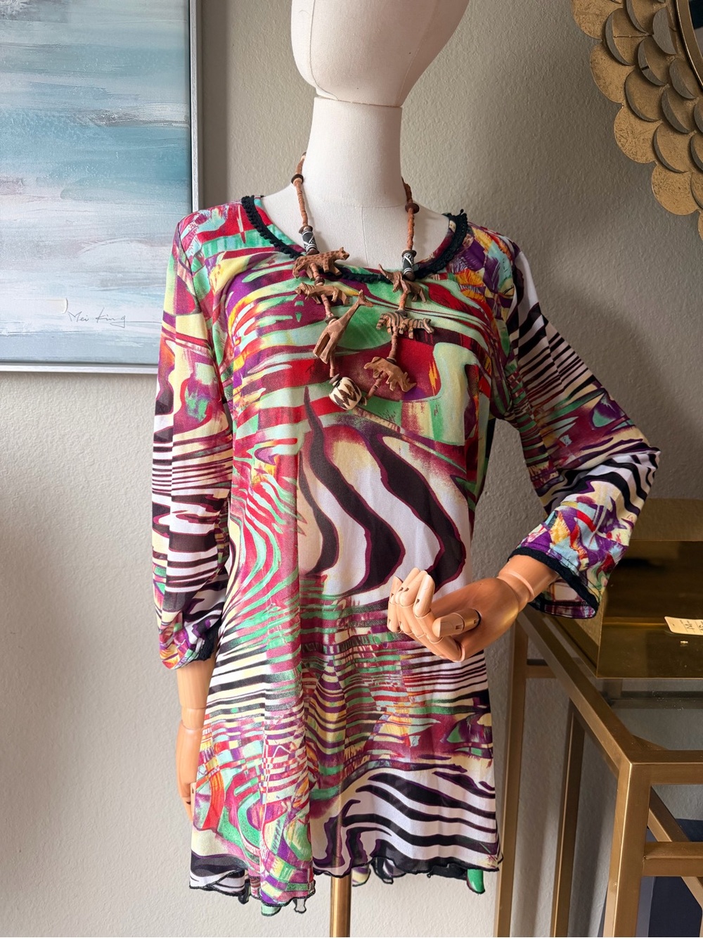 💎 Mechant Abstract Mesh Tunic Top Art Print Sheer Bell Sleeve Boutique Small